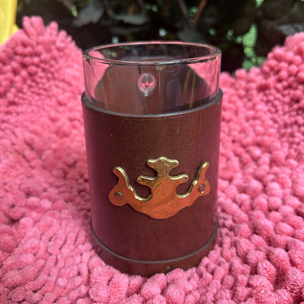 Vintage collectible leather Brown and Gold emblem and Leather Wrapped Glass
